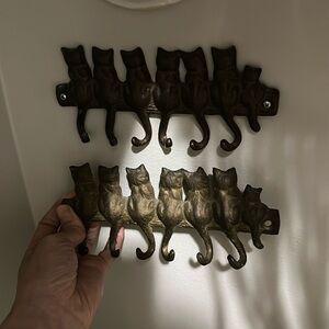 Set of 2 vintage brass cat key hooks